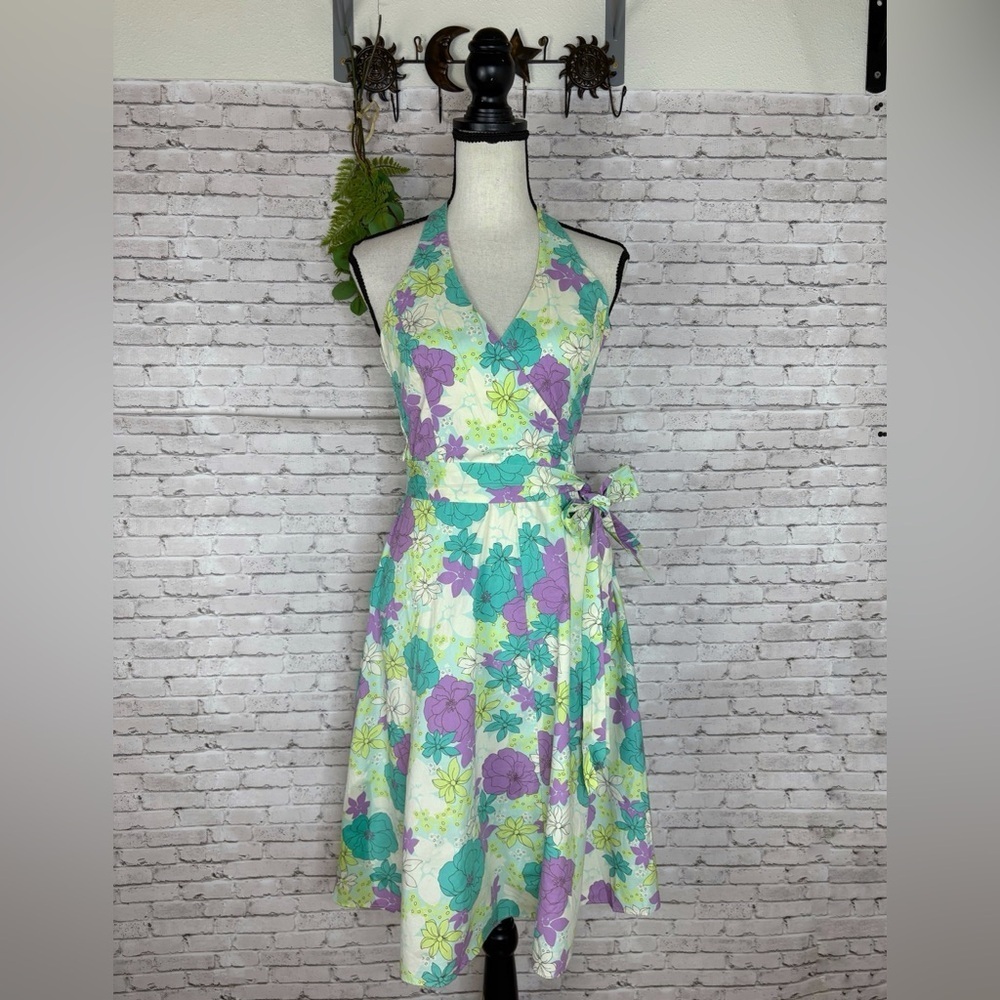 Vintage Retro Guess Floral Print Halter Fit and Flare Dress